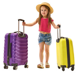 Smiling girl in shorts holding two suitcases ready to travel. Transparent background. Concept of...