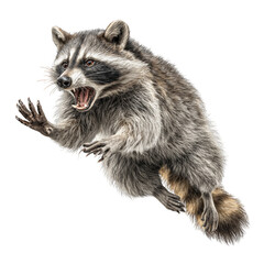 Fototapeta premium A raccoon is in the air, with its mouth open and claws outstretched