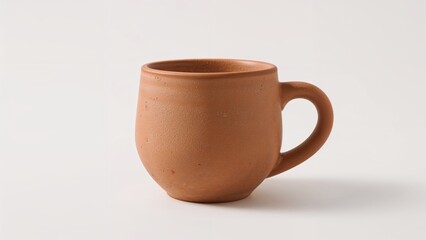 A rustic handmade terracotta clay mug with a natural earthy tone and rough texture, isolated on white background. Ideal for traditional, eco-friendly, or artisanal product visuals.