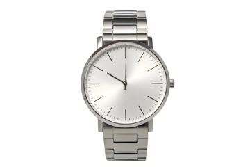 Classic stainless steel watch showing 09 00 time on silver dial isolated on transparent background