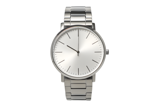 Classic stainless steel watch showing 09 00 time on silver dial isolated on transparent background