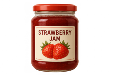Strawberry jam glass jar with classic berry label, resting on transparent background