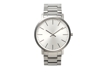 Stylish silver wristwatch with time showing 10 10 with minimalistic white face isolated on transparent background