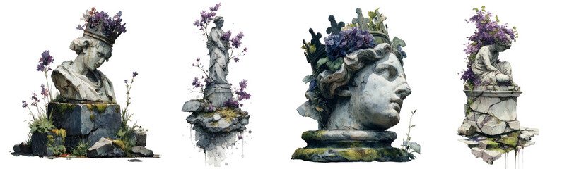 Fototapeta premium Floral adorned ancient statues with intricate details on transparent background