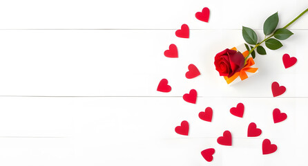 Romantic Scene With Red Rose and Heart Shapes on Wooden Background