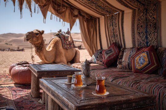 Arabian Tent. Inside the Bedouin Stretch Tent with Tea Glasses on Agafay Desert, Morocco