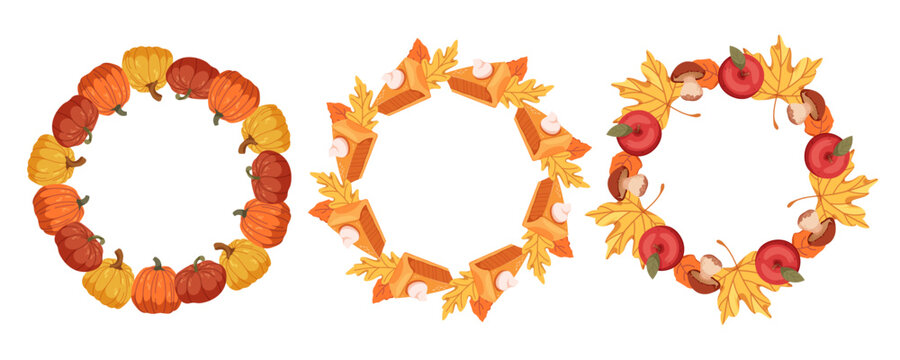 Set of round frames for Thanksgiving. Garlands with pies, autumn leaves, and mushrooms. Seasonal backgrounds for design