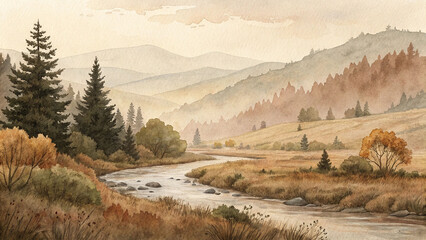 Serene watercolor painting of a misty mountain landscape with a flowing river and trees