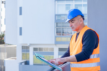 Absorbed construction engineer or building contractor wearing a blue protective helmet checking office blueprints. Copy space