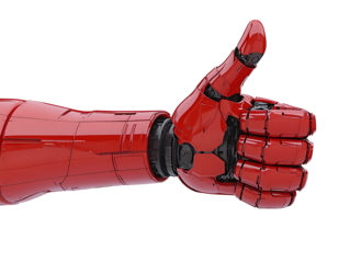 Red futuristic robotic arm doing thumbs up gesture with mechanical parts for tech innovation concept isolated on transparent background