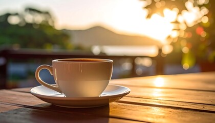 Obraz premium Warm coffee cup on wooden table, serene natural background with golden sunlight.