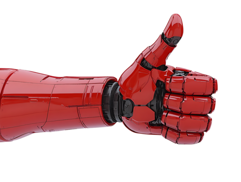 Red futuristic robotic arm doing thumbs up gesture with mechanical parts for tech innovation concept isolated on transparent background