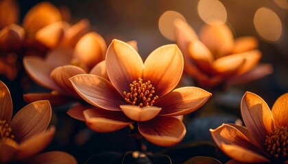 Obraz premium Warm-toned flowers with prominent stamens, glowing with soft, blurred background lights.