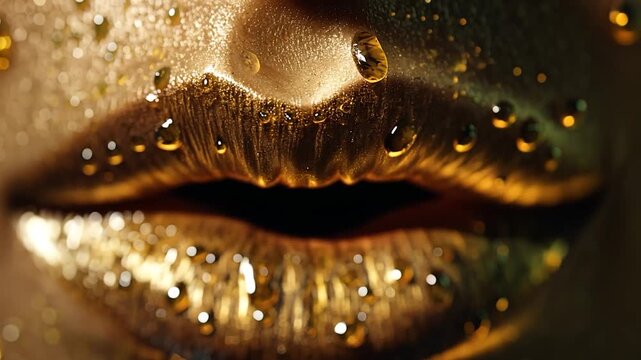 Close-up of golden lips with dripping water droplets