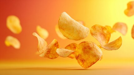 Flying Potato Chips Exploding In Midair with Vibrant Yellow and Orange Gradient Background Freeze Frame Effect Image