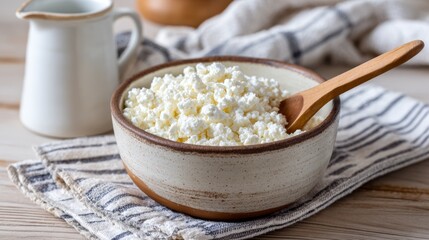 Homemade cottage cheese served in rustic ceramic bowl on wooden table with soft crumbly texture and natural lighting