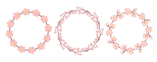 Round flower frame with sakura. Wreath of blooming japanese cherry in flat style. Vector botanical templates for wedding invitations, photos