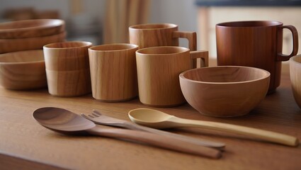 Rustic Wooden Kitchenware Collection Featuring Bowls Mugs Spoons and Utensils in a Warm and Natural Setting