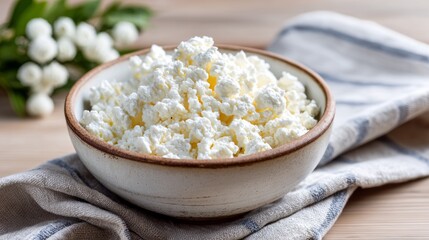 Rustic Ceramic Bowl Filled With Fresh Homemade Cottage Cheese On A Wooden Table With Soft Crumbly Texture Under Natural Lighting