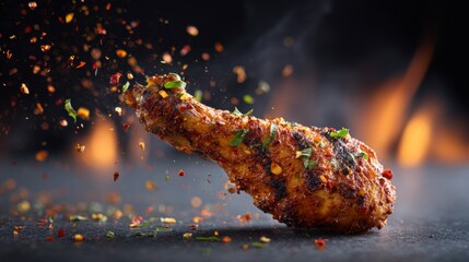 Spicy grilled chicken drumstick flying through fiery backdrop with chili flakes and aromatic herbs