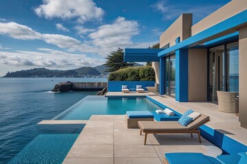 Fototapeta premium Relaxing Coastal Architecture in Cobalt and Taupe Shades Near the Bay