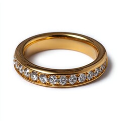 Gold ring with channel set diamonds on white background