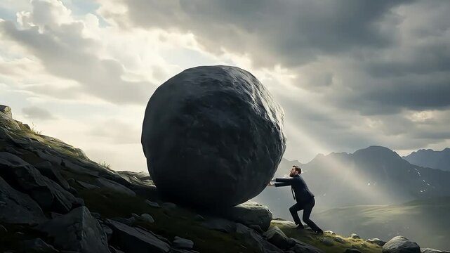 Business Professional Pushing Large Boulder Uphill Against Dramatic Cloudy Sky in Mountainous Landscape