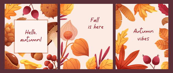 Set of autumn posters with captions. Hello autumn poster, fall vibe. Seasonal frames with yellow leaves. Vector gradient illustration with noise effect, grain texture