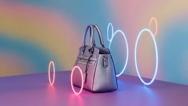 Modern fashion handbag placed in colorful neon vaporwave space with glowing circle animations seamless looping time-lapse animation video background