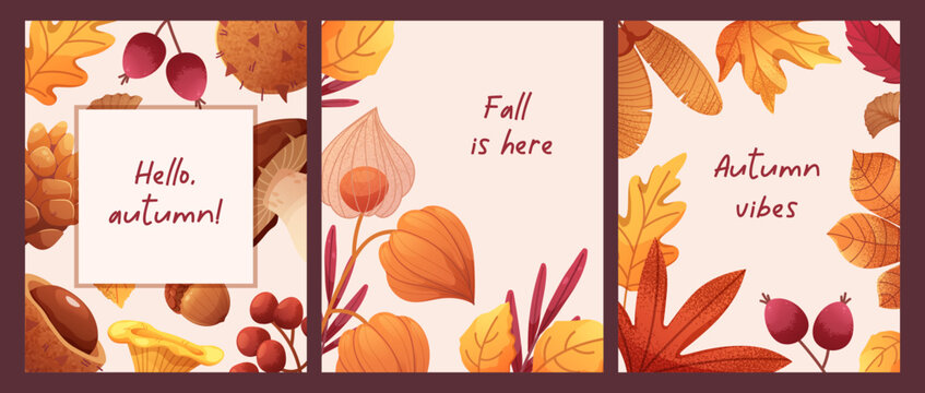 Set of autumn posters with captions. Hello autumn poster, fall vibe. Seasonal frames with yellow leaves. Vector gradient illustration with noise effect, grain texture