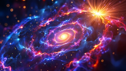 Fototapeta premium Vibrant Galaxy Formation with Swirling Nebulae and a Bright Central Star Bursting with Energy and Colorful Light