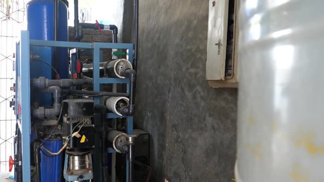 Industrial reverse osmosis water purification system working inside a water filtration plant in Sindh, Pakistan