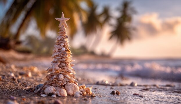 Seashell Christmas tree on a beach at sunset (3)