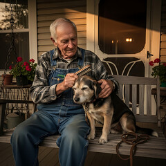 Elderly man lovingly grooming his dog on a porch swing at sunset