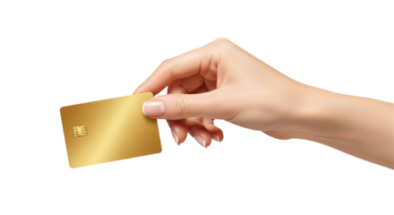 A womans hand holds a gold credit card isolated on a transparent background
