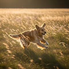 Golden Retriever Running Joyfully Through Sunlit Field, Happy Dog Playing in Nature with Motion Blur Action Shot