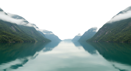 Calm waters of a fjord surrounded by mountains isolated PNG with Transparent Background