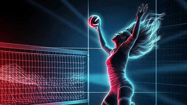 Female volleyball player in action, vibrant neon lines, dynamic pose