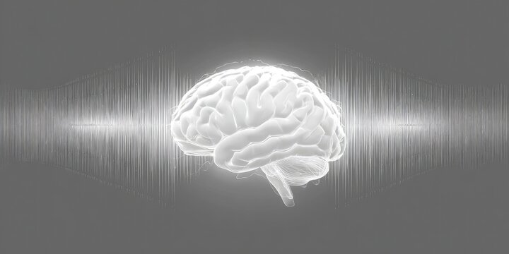 Gray background, illuminated brain graphic, sound waves