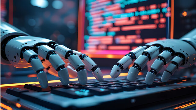 Robot Hands Typing on a Keyboard in a High-Tech Environment - Powered by Adobe