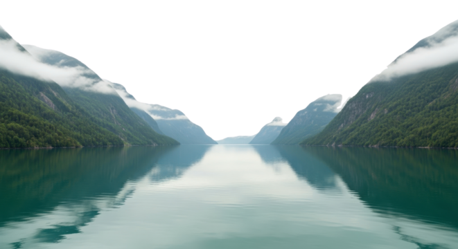 Calm lake between mountains with clouds isolated PNG with Transparent Background