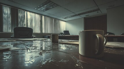 Empty office, dimly lit, with coffee cups