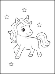 Illustration of a cute baby Unicorn Cartoon character.  Coloring Page for kids. Beautiful Black and white line art for Little Artists. Printable coloring sheets for children