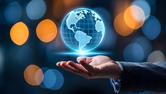 Global technology network concept hand holding earth hologram digital connection world - Powered by Adobe