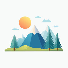 Minimalist flat vector landscape with mountains, sun, and pine trees, soft color gradients, tranquil nature scene