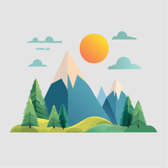 Minimalist flat vector landscape with mountains, sun, and pine trees, soft color gradients, tranquil nature scene