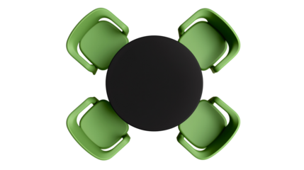 Modern dining table set, top view, black round table,  four lime green contemporary chairs arranged symmetrically on transparent background. Sleek furniture design.
