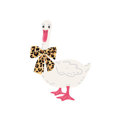Goose in a large bow with leopard print on a white background. Trendy hipster farm bird character. Vector cartoon goose. Perfect for kids designs, stickers, prints, cards,and humor project