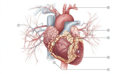 Detailed anatomical illustration of the human heart and circulatory system