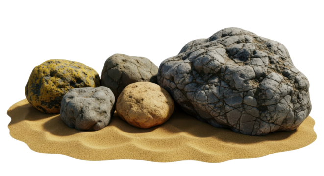 Pile of weathered stones on sand dune isolated PNG with Transparent Background